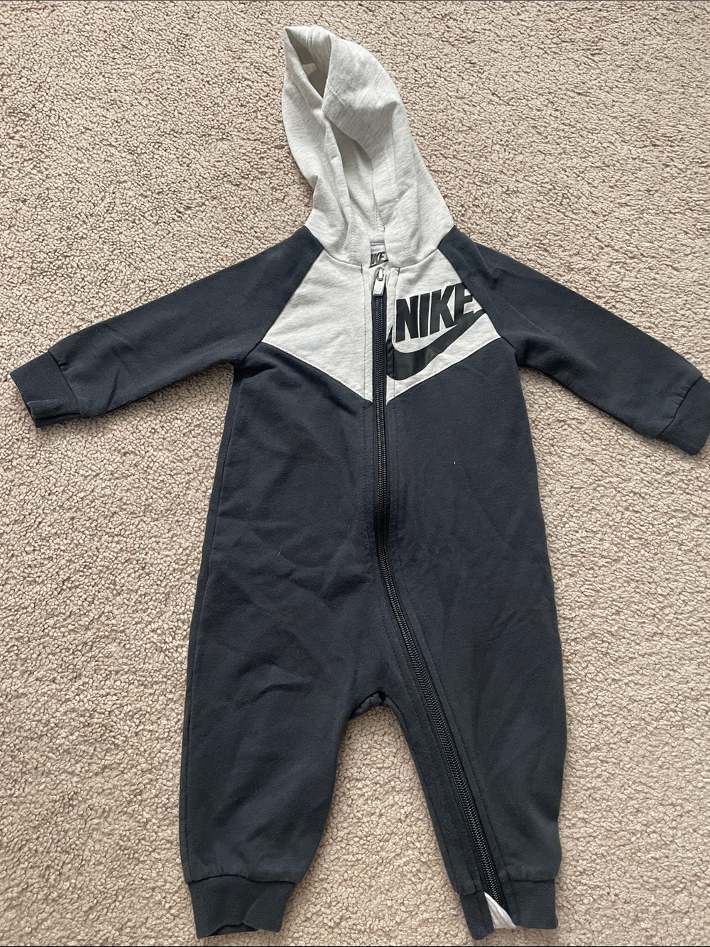 Nike Black and Light Gray Hooded Baby One-Piece Footie